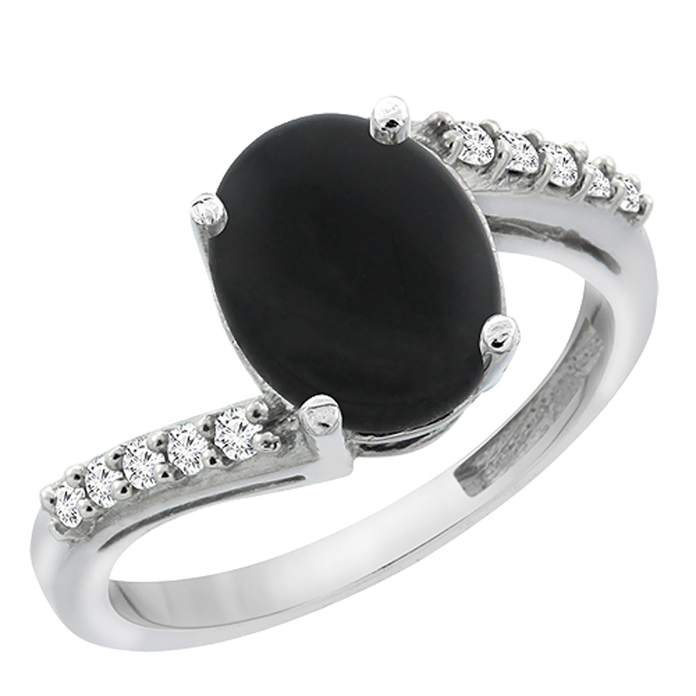 14K White Gold Diamond Natural Black Onyx Engagement Ring Oval 10x8mm, sizes 5-10