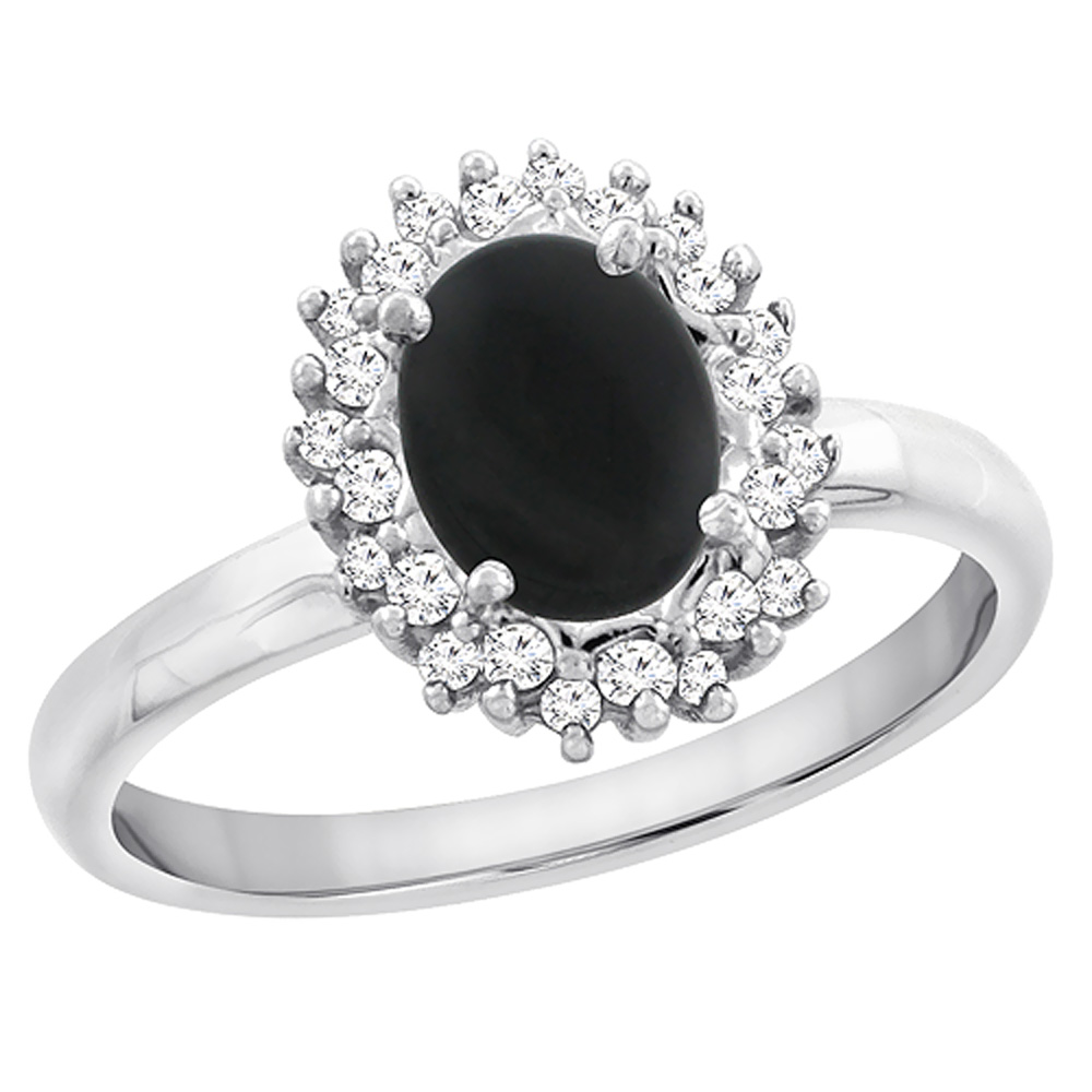14K White Gold Diamond Natural Black Onyx Engagement Ring Oval 7x5mm, sizes 5 - 10