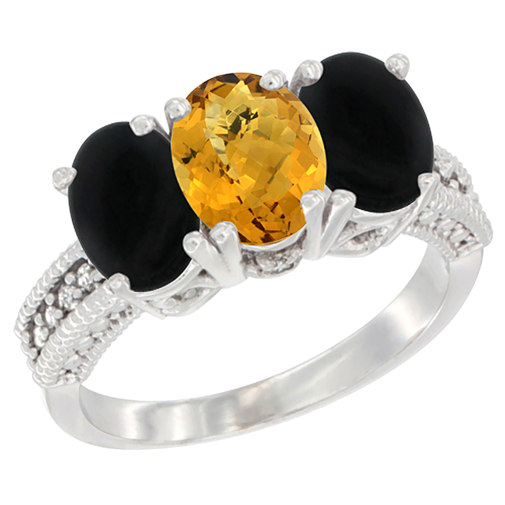 10K White Gold Diamond Natural Whisky Quartz & Black Onyx Ring 3-Stone 7x5 mm Oval, sizes 5 - 10
