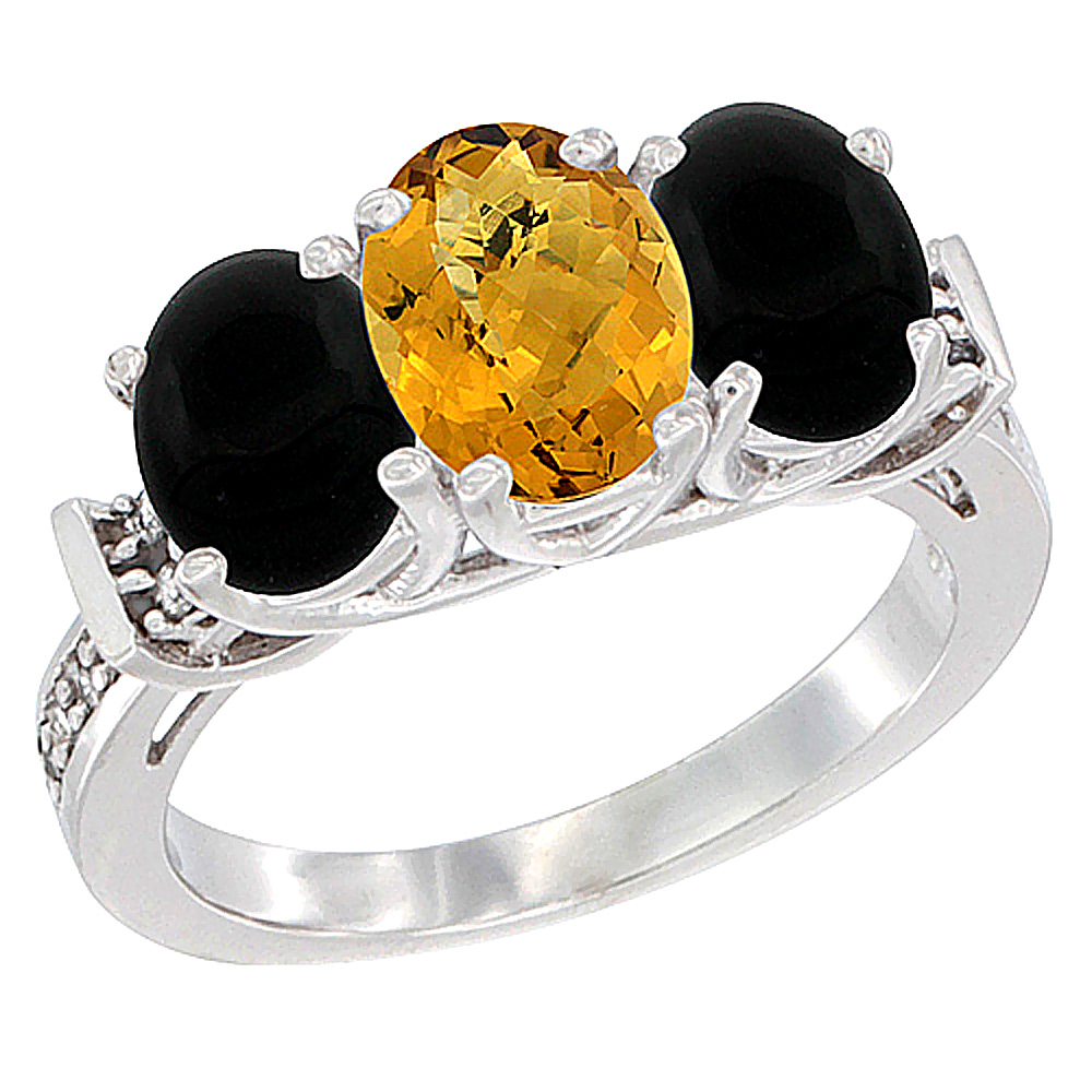 10K White Gold Natural Whisky Quartz & Black Onyx Sides Ring 3-Stone Oval Diamond Accent, sizes 5 - 10