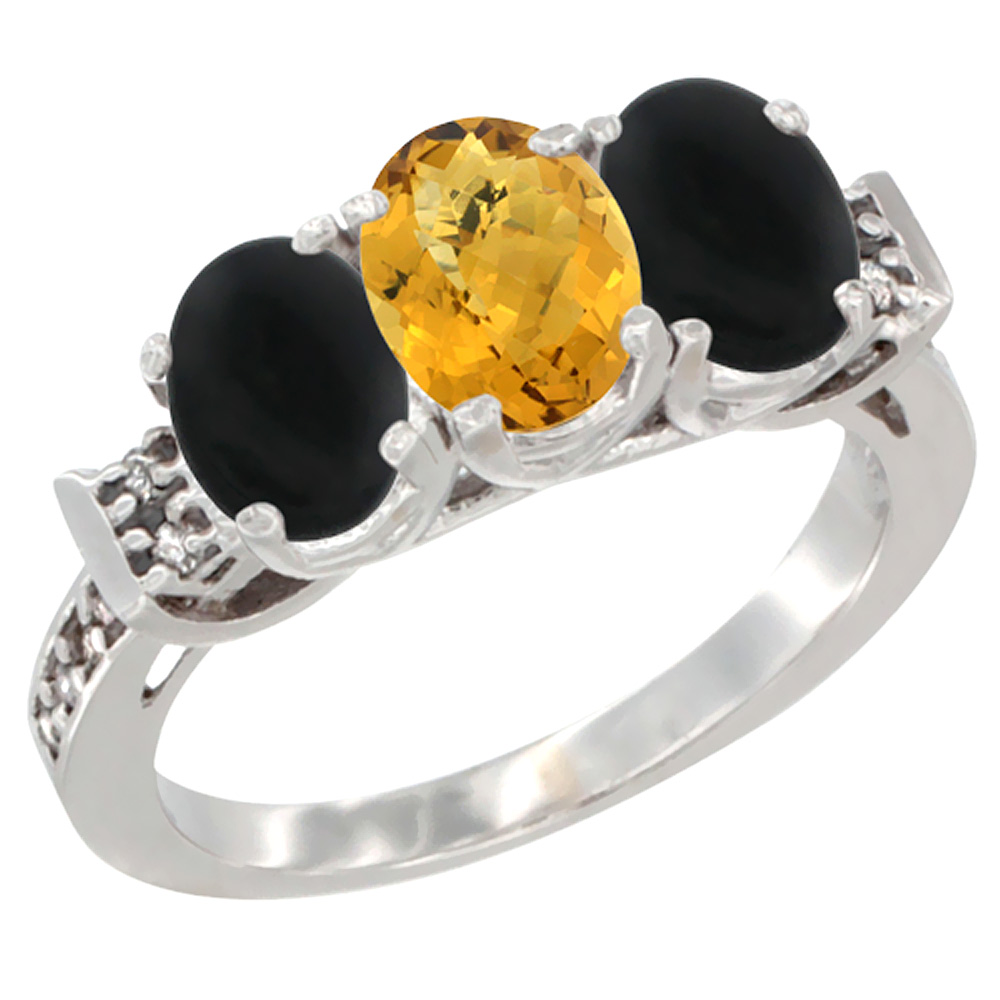 10K White Gold Natural Whisky Quartz & Black Onyx Sides Ring 3-Stone Oval 7x5 mm Diamond Accent, sizes 5 - 10