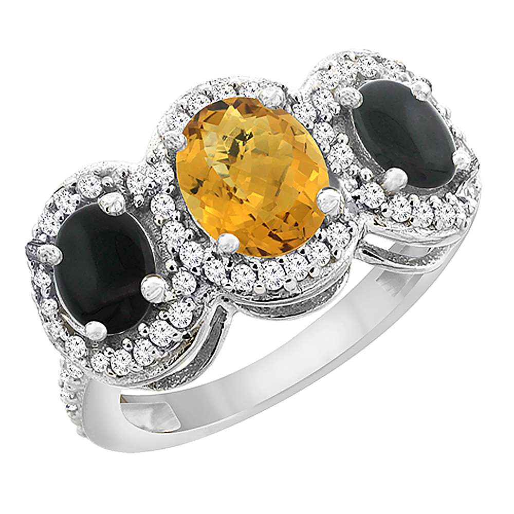10K White Gold Natural Whisky Quartz & Black Onyx 3-Stone Ring Oval Diamond Accent, sizes 5 - 10