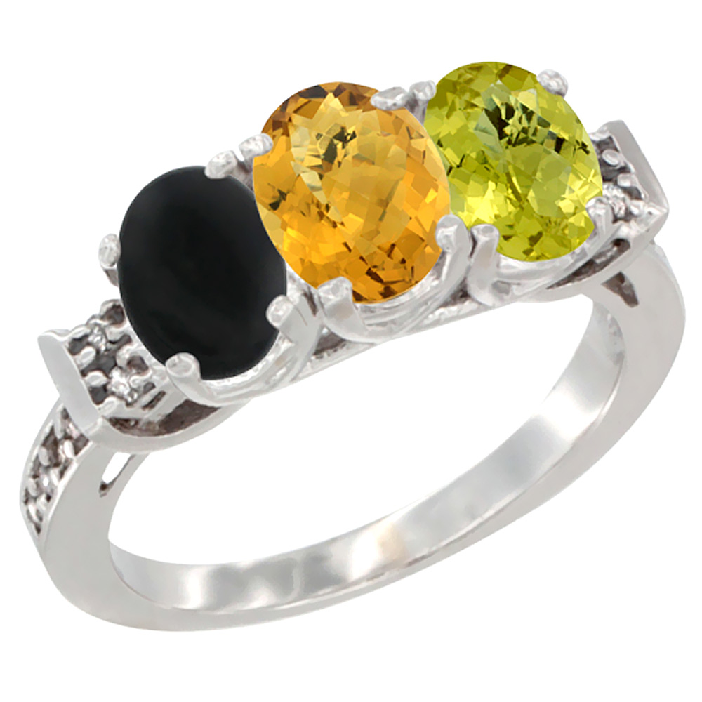 10K White Gold Natural Black Onyx, Whisky Quartz & Lemon Quartz Ring 3-Stone Oval 7x5 mm Diamond Accent, sizes 5 - 10
