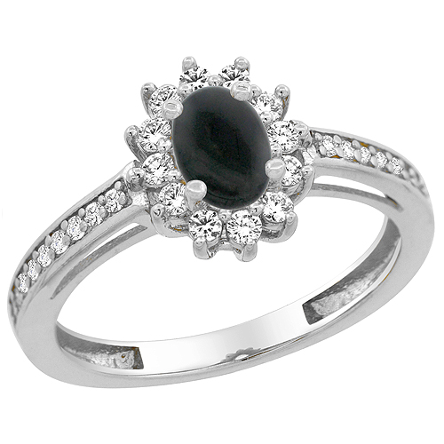 10K White Gold Natural Black Onyx Flower Halo Ring Oval 6x4 mm Diamond Accents, sizes 5 - 10