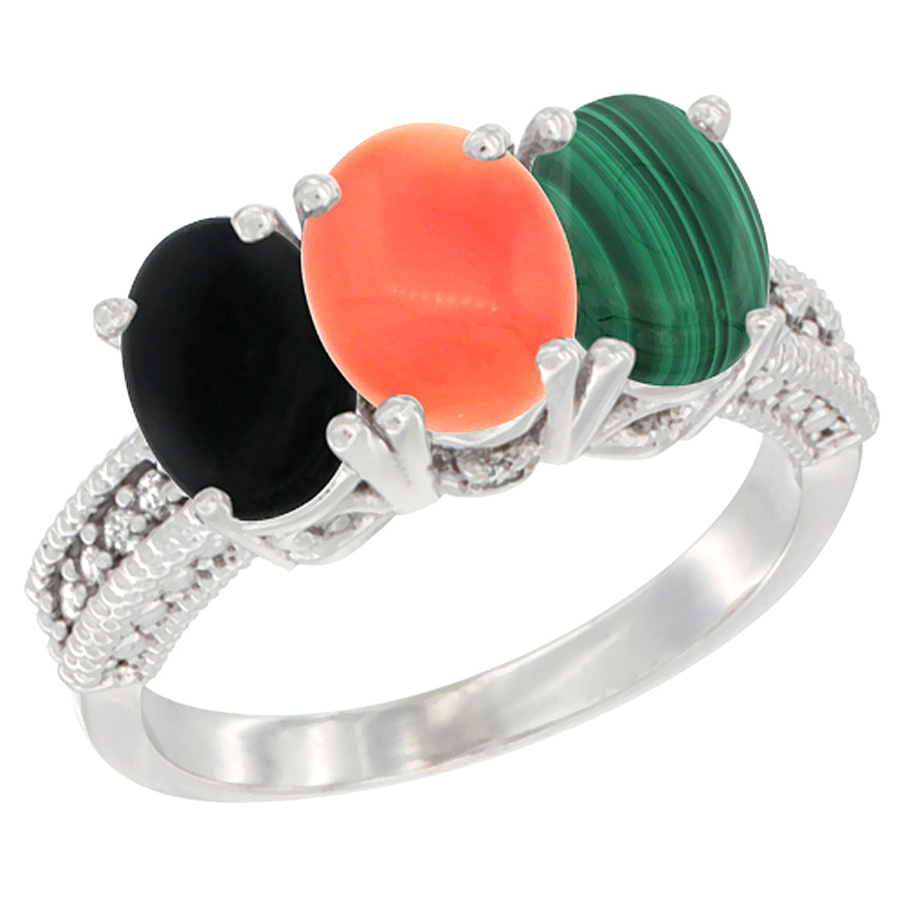 14K White Gold Natural Black Onyx, Coral & Malachite Ring 3-Stone 7x5 mm Oval Diamond Accent, sizes 5 - 10