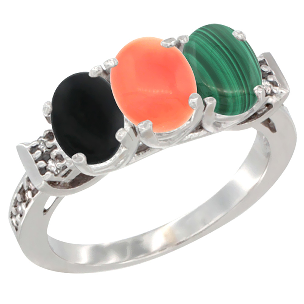 14K White Gold Natural Black Onyx, Coral & Malachite Ring 3-Stone Oval 7x5 mm Diamond Accent, sizes 5 - 10
