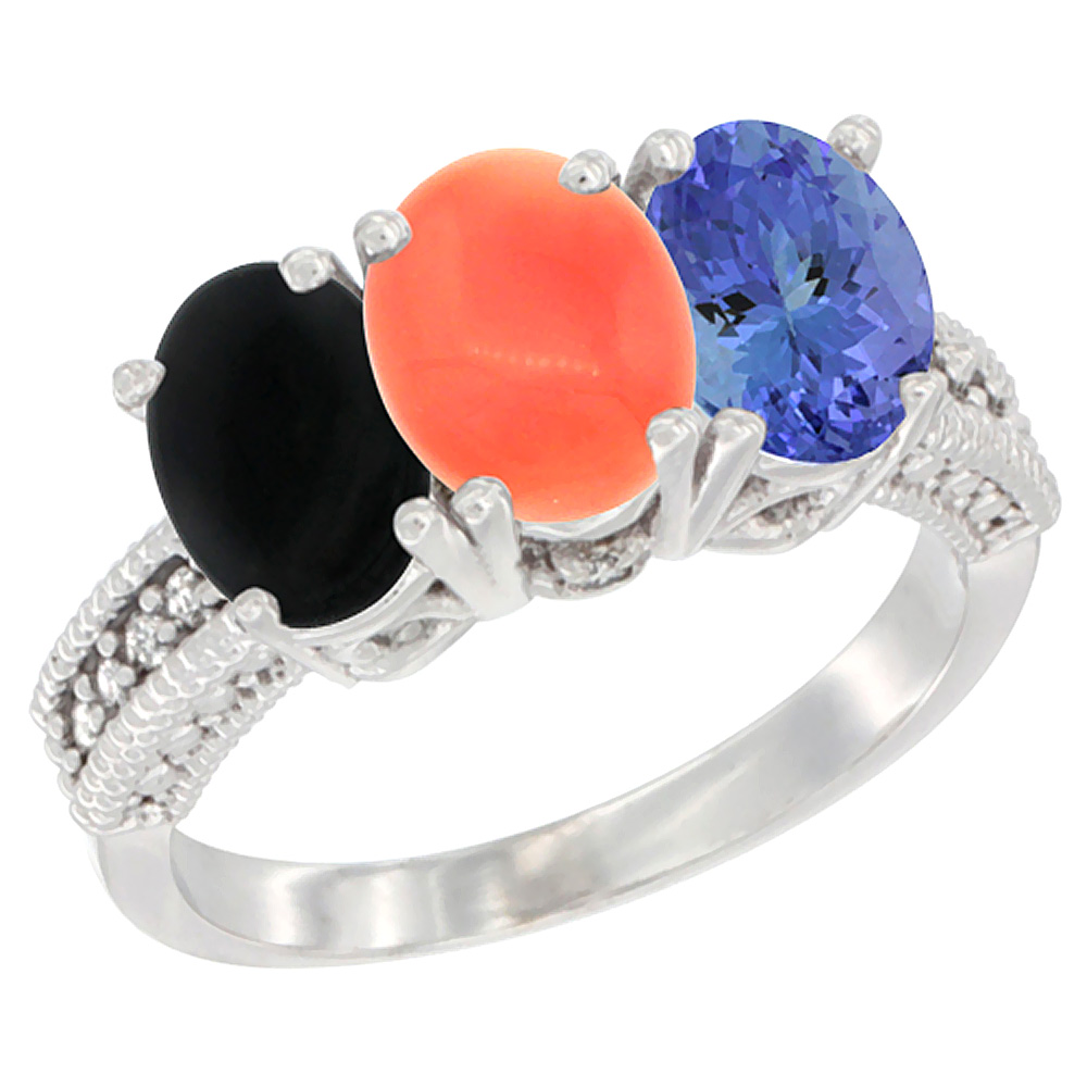 14K White Gold Natural Black Onyx, Coral & Tanzanite Ring 3-Stone 7x5 mm Oval Diamond Accent, sizes 5 - 10