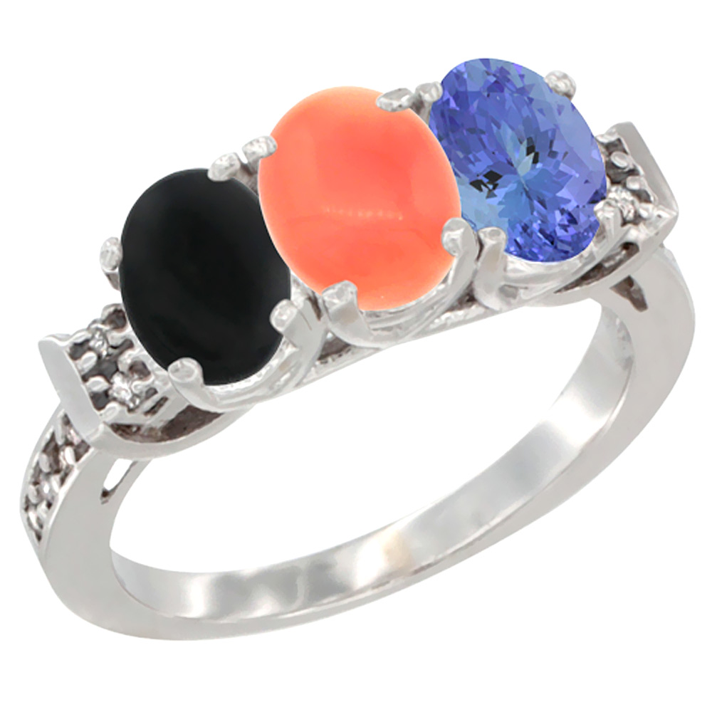 14K White Gold Natural Black Onyx, Coral & Tanzanite Ring 3-Stone Oval 7x5 mm Diamond Accent, sizes 5 - 10