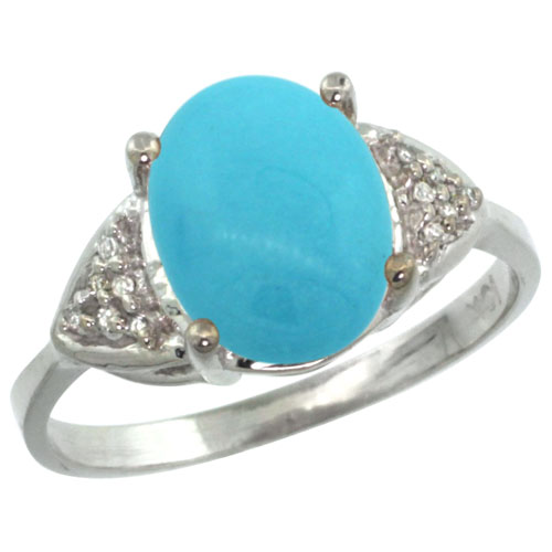 10K White Gold Natural Diamond Sleeping Beauty Turquoise Engagement Ring Oval 10x8mm, sizes 5-10