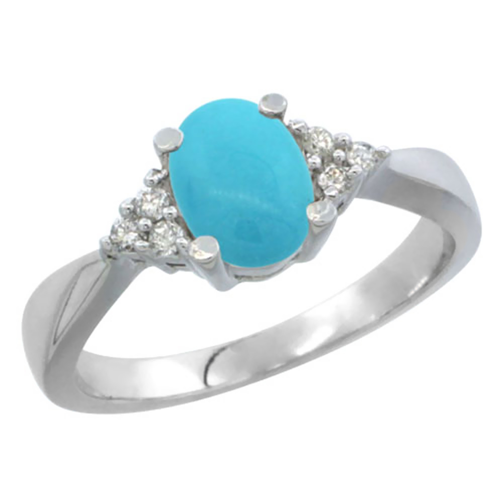 10K White Gold Diamond Natural Turquoise Engagement Ring Oval 7x5mm, sizes 5-10