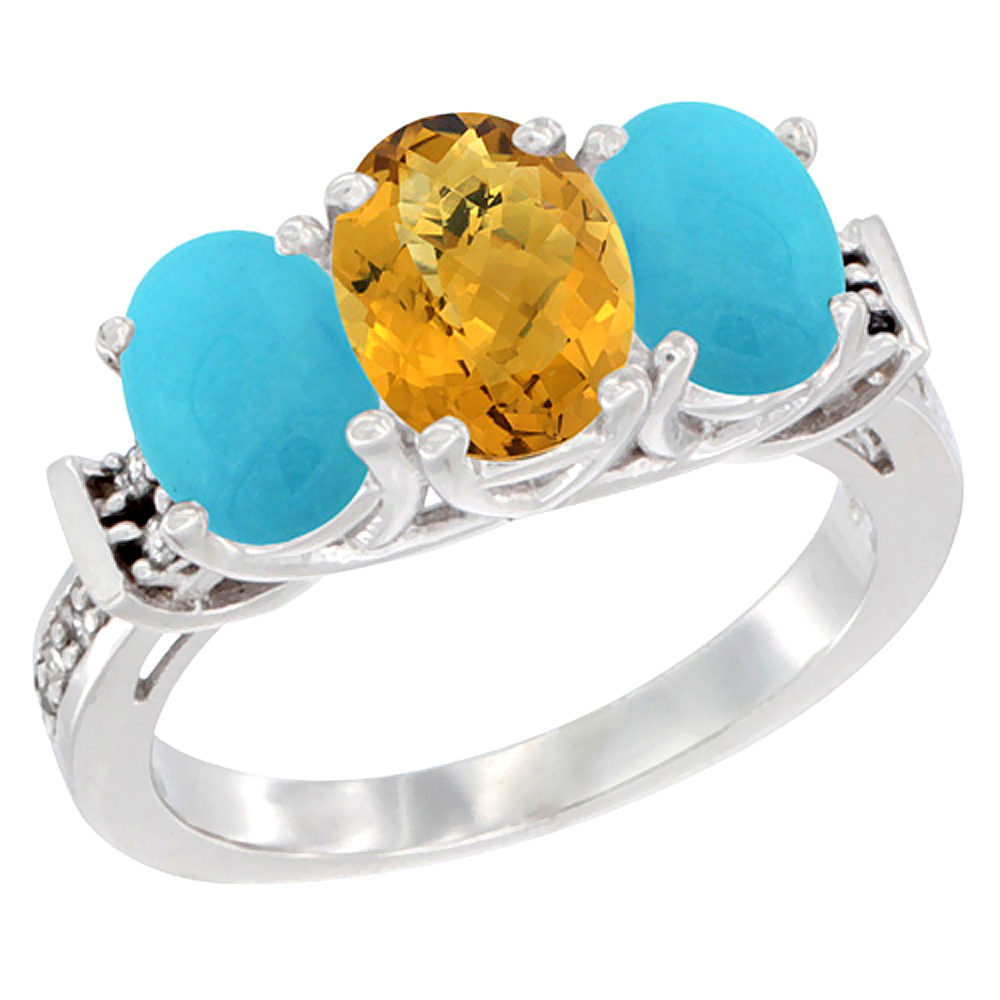 10K White Gold Natural Whisky Quartz & Turquoise Sides Ring 3-Stone Oval Diamond Accent, sizes 5 - 10