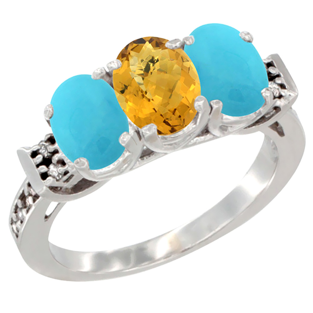 10K White Gold Natural Whisky Quartz & Turquoise Sides Ring 3-Stone Oval 7x5 mm Diamond Accent, sizes 5 - 10