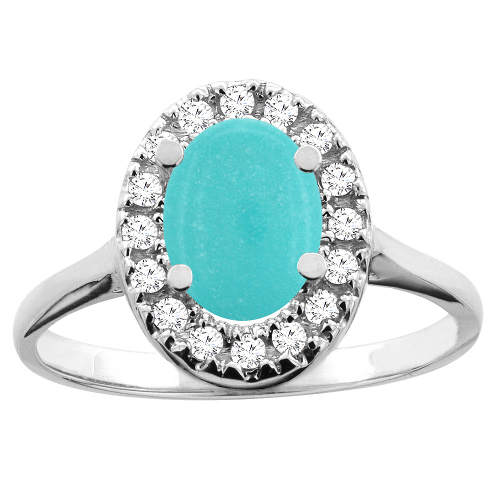 10K White/Yellow Gold Natural Turquoise Ring Oval 8x6mm Diamond Accent, sizes 5 - 10