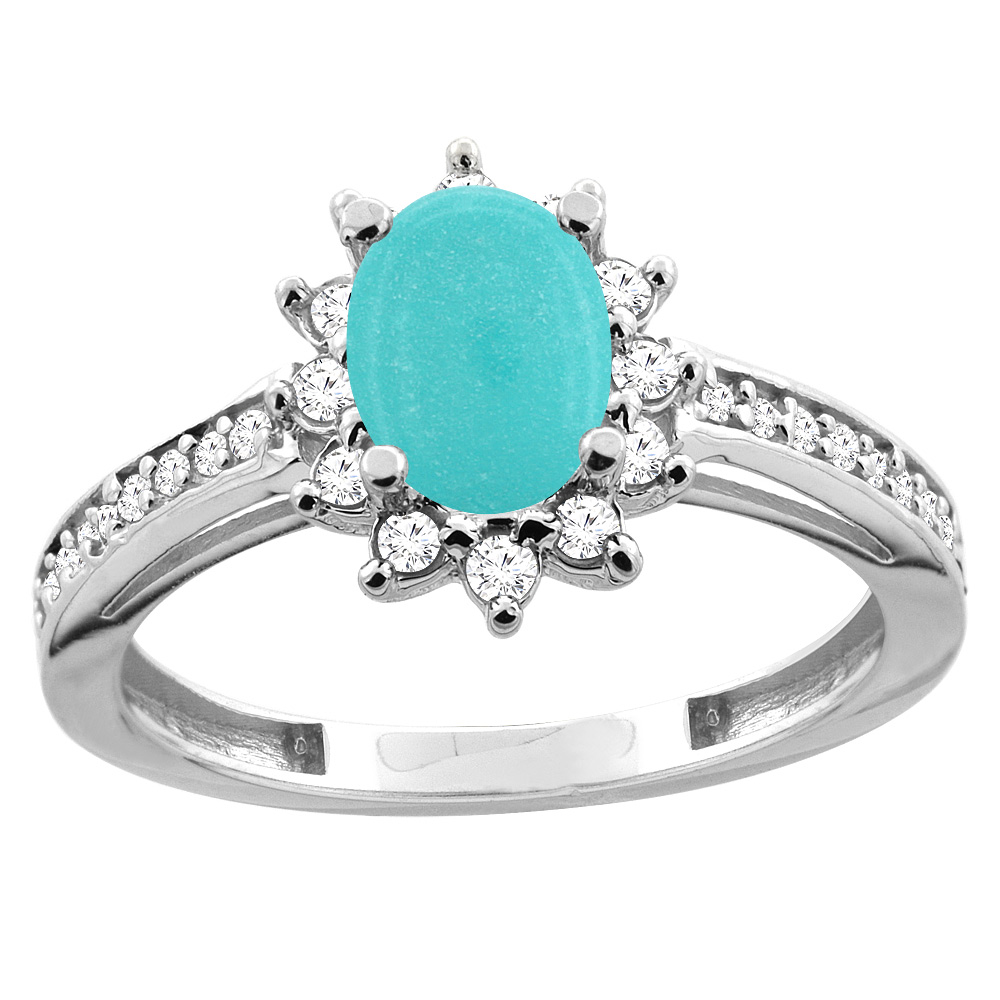 10K White/Yellow Gold Diamond Natural Turquoise Floral Halo Engagement Ring Oval 7x5mm, sizes 5 - 10