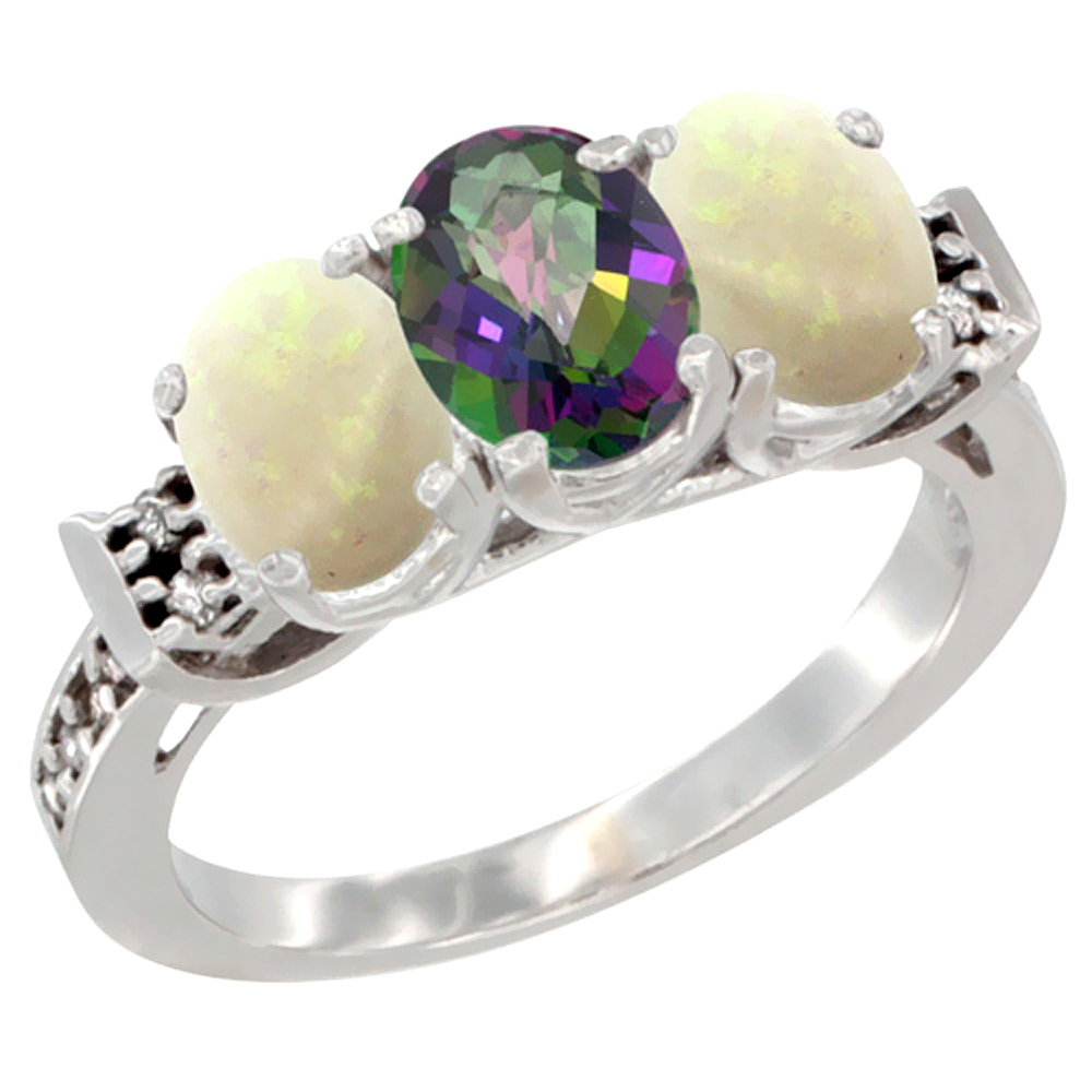 14K White Gold Natural Mystic Topaz & Opal Sides Ring 3-Stone Oval 7x5 mm Diamond Accent, sizes 5 - 10