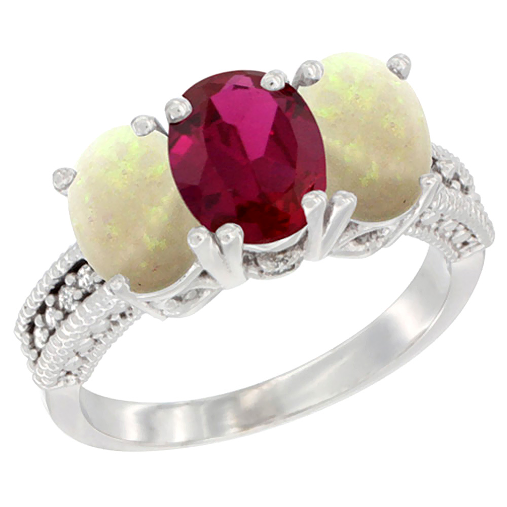 10K White Gold Diamond Enhanced Ruby & Natural Opal Ring 3-Stone 7x5 mm Oval, sizes 5 - 10