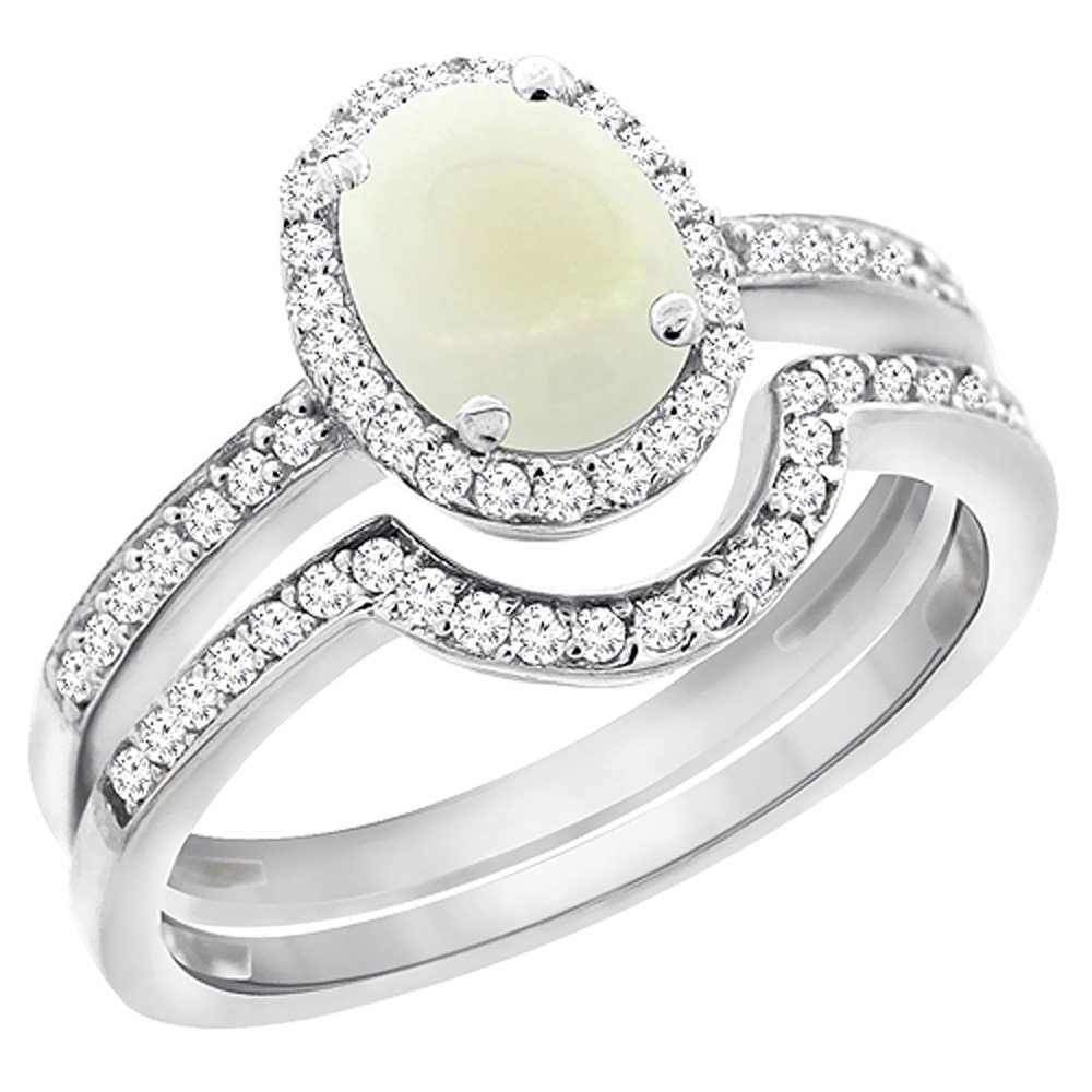 14K White Gold Diamond Natural Opal 2-Pc. Engagement Ring Set Oval 8x6 mm, sizes 5 - 10