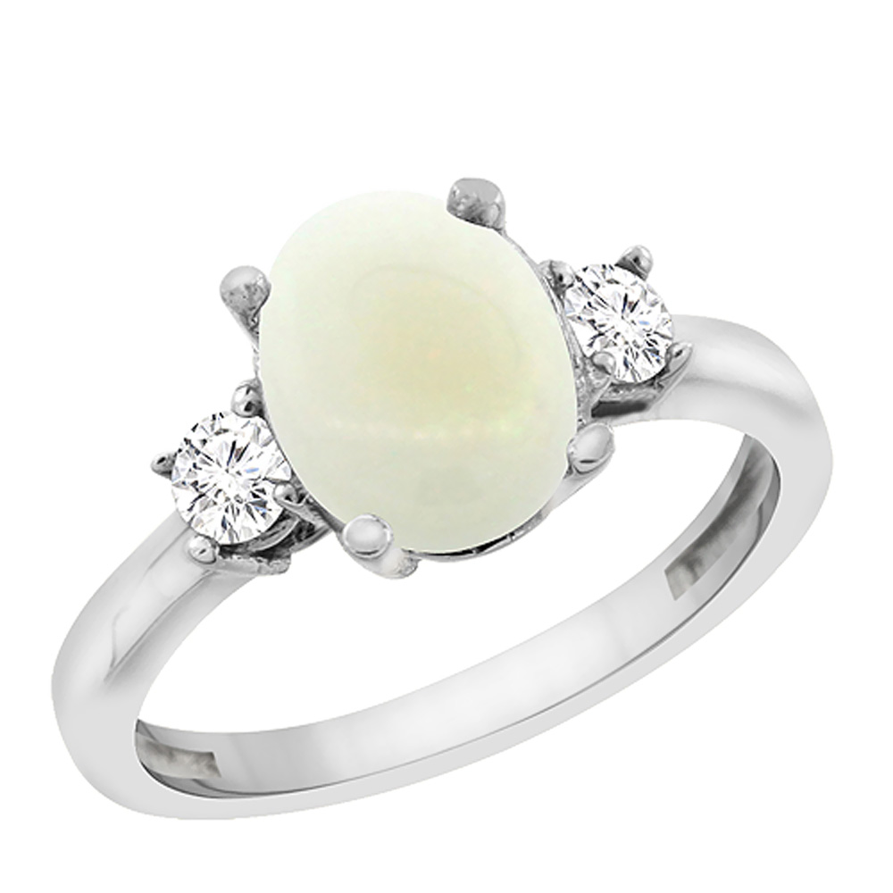 14K White Gold Natural Opal Engagement Ring Oval 10x8 mm Diamond Sides, sizes 5 - 10