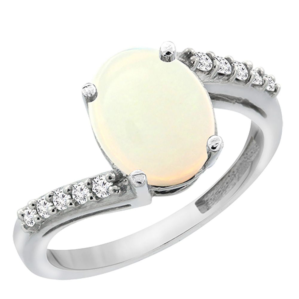 14K White Gold Diamond Natural Opal Engagement Ring Oval 10x8mm, sizes 5-10