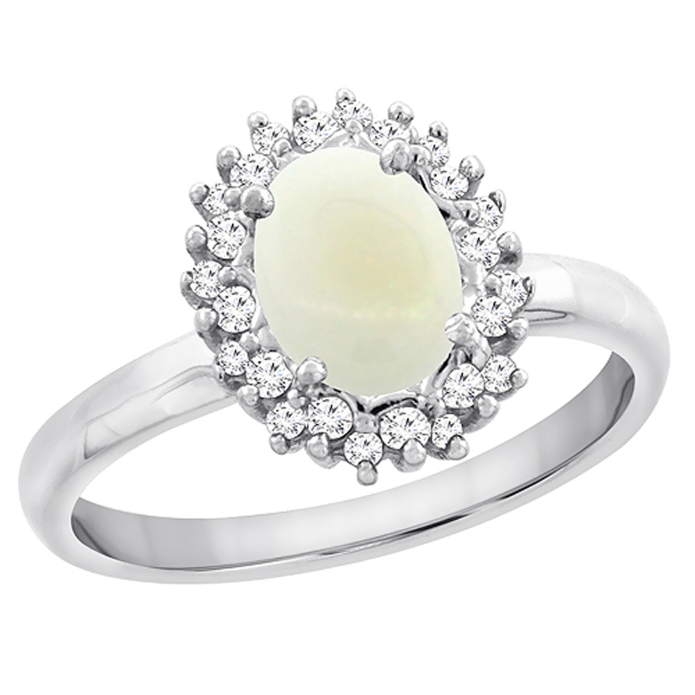 14K White Gold Diamond Natural Opal Engagement Ring Oval 7x5mm, sizes 5 - 10