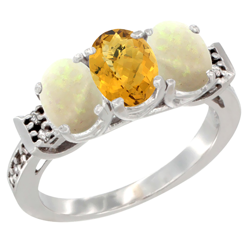 10K White Gold Natural Whisky Quartz & Opal Sides Ring 3-Stone Oval 7x5 mm Diamond Accent, sizes 5 - 10
