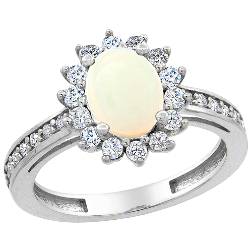 14K White Gold Natural Opal Floral Halo Ring Oval 8x6mm Diamond Accents, sizes 5 - 10
