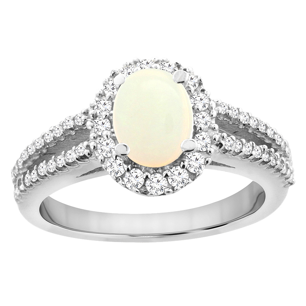 14K White Gold Natural Opal Split Shank Halo Engagement Ring Oval 7x5 mm, sizes 5 - 10