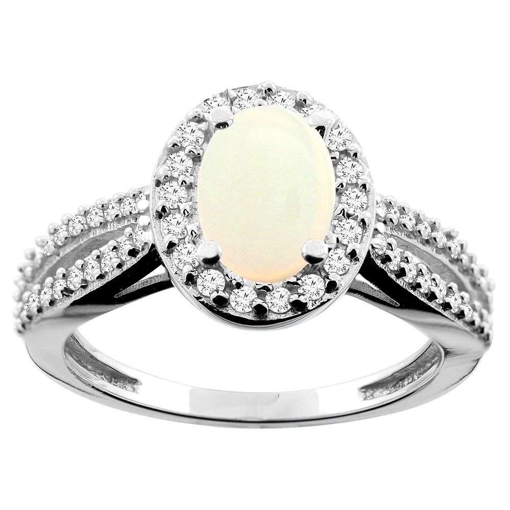 14K White/Yellow/Rose Gold Natural Opal Ring Oval 8x6mm Diamond Accent, sizes 5 - 10