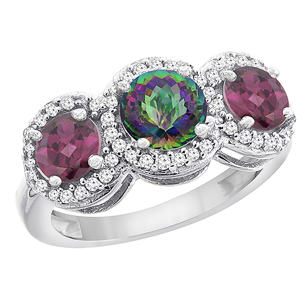 14K White Gold Natural Mystic Topaz & Rhodolite Sides Round 3-stone Ring Diamond Accents, sizes 5 - 10