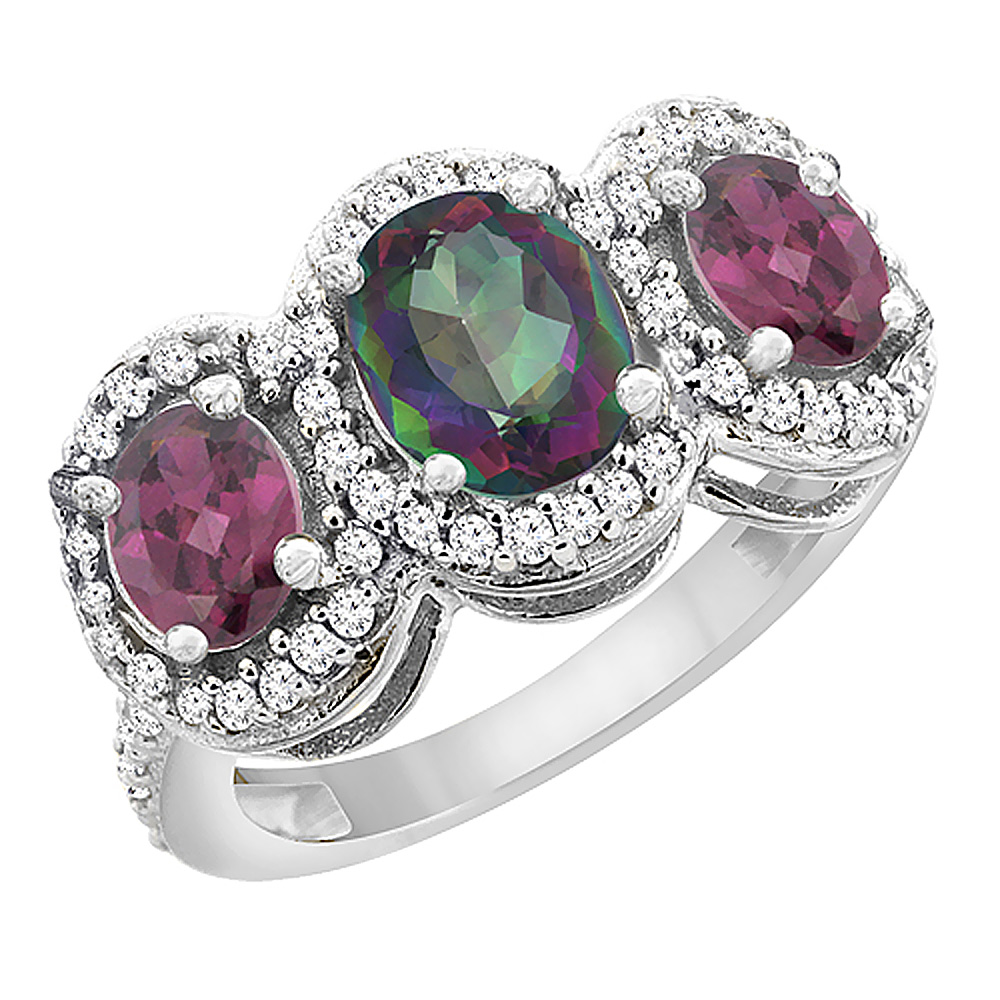 14K White Gold Natural Mystic Topaz & Rhodolite 3-Stone Ring Oval Diamond Accent, sizes 5 - 10