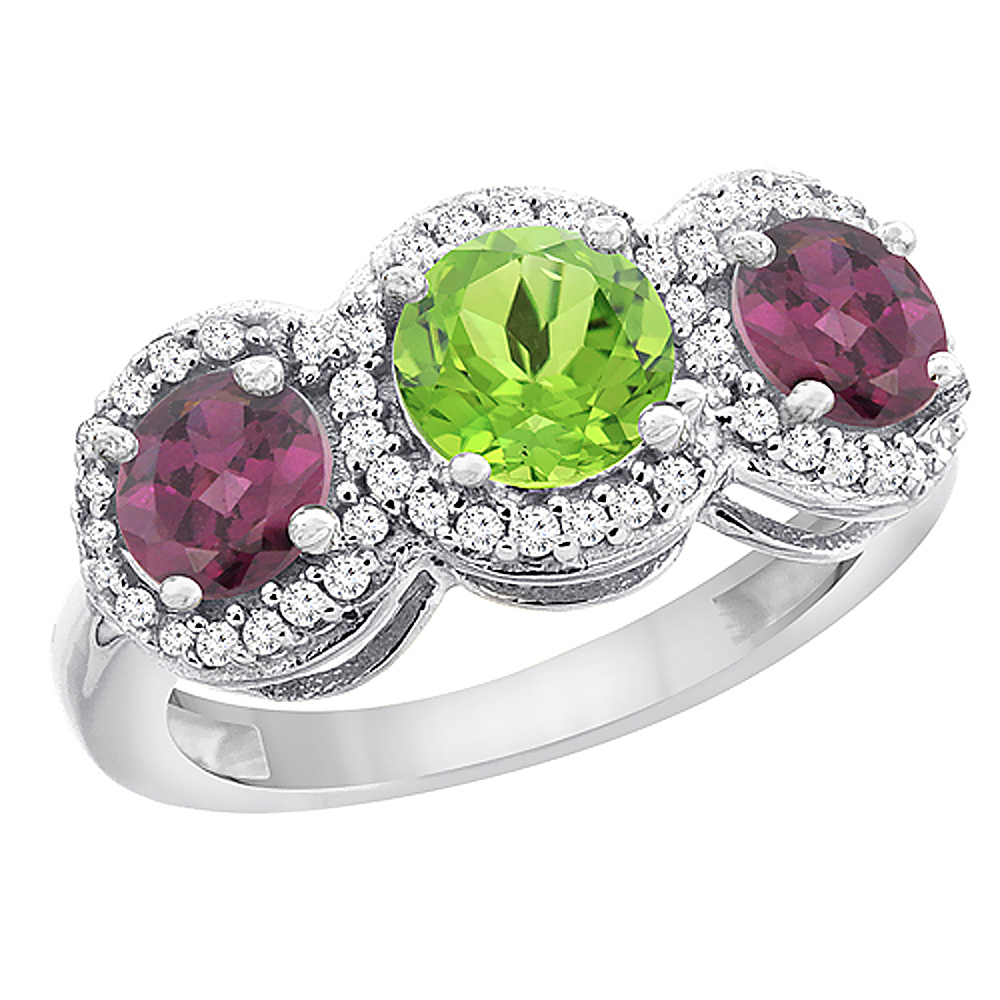 14K White Gold Natural Peridot & Rhodolite Sides Round 3-stone Ring Diamond Accents, sizes 5 - 10