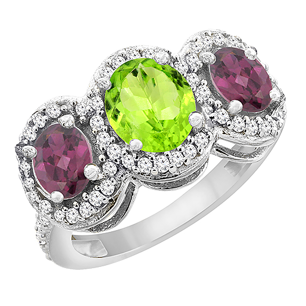 14K White Gold Natural Peridot & Rhodolite 3-Stone Ring Oval Diamond Accent, sizes 5 - 10