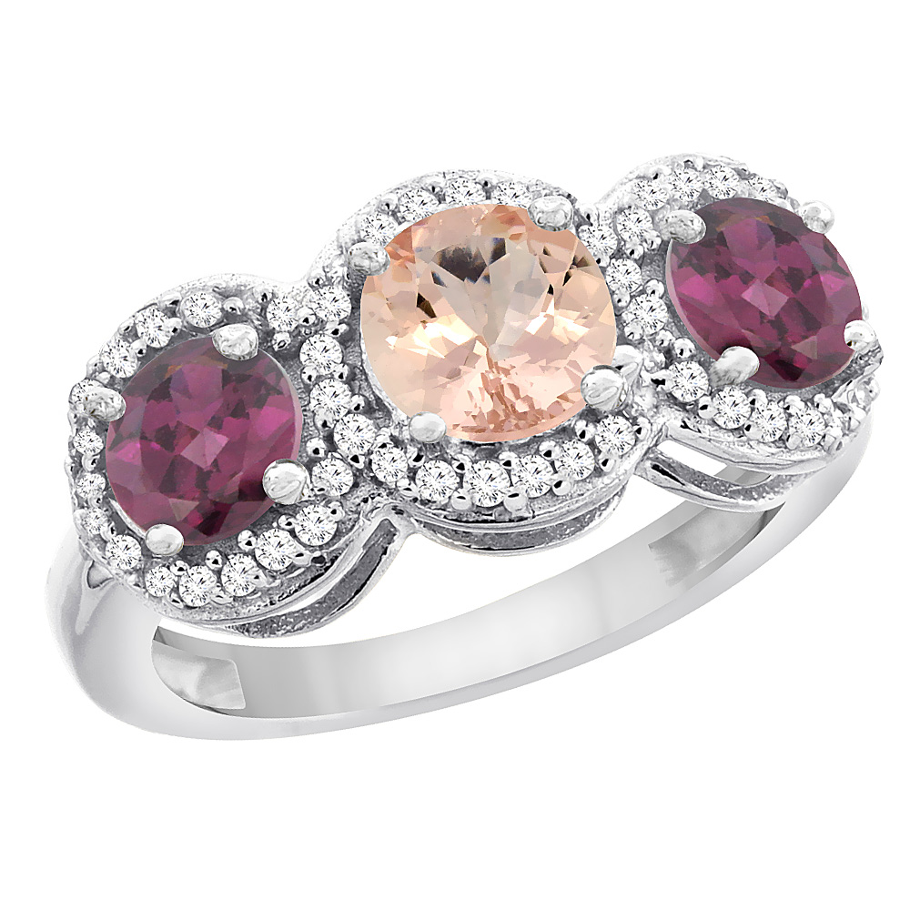 10K White Gold Natural Morganite & Rhodolite Sides Round 3-stone Ring Diamond Accents, sizes 5 - 10