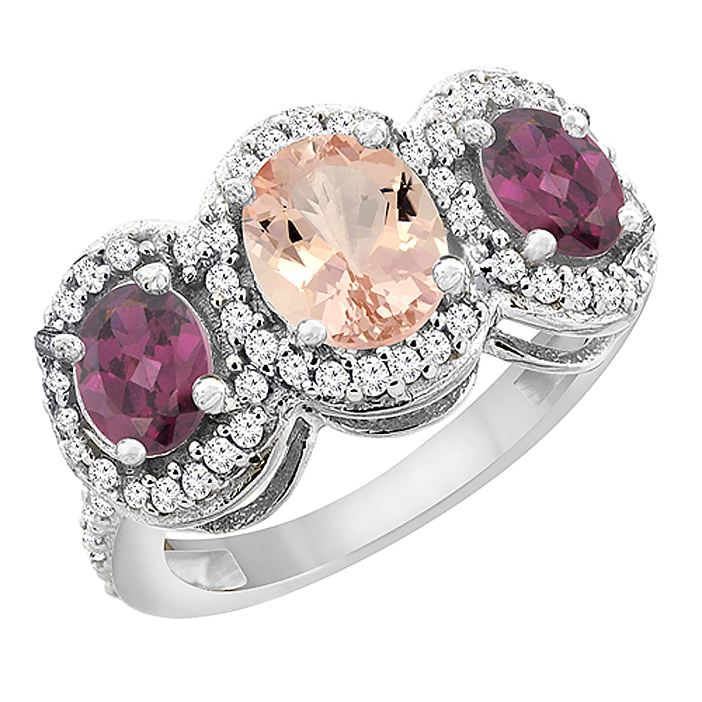 10K White Gold Natural Morganite & Rhodolite 3-Stone Ring Oval Diamond Accent, sizes 5 - 10