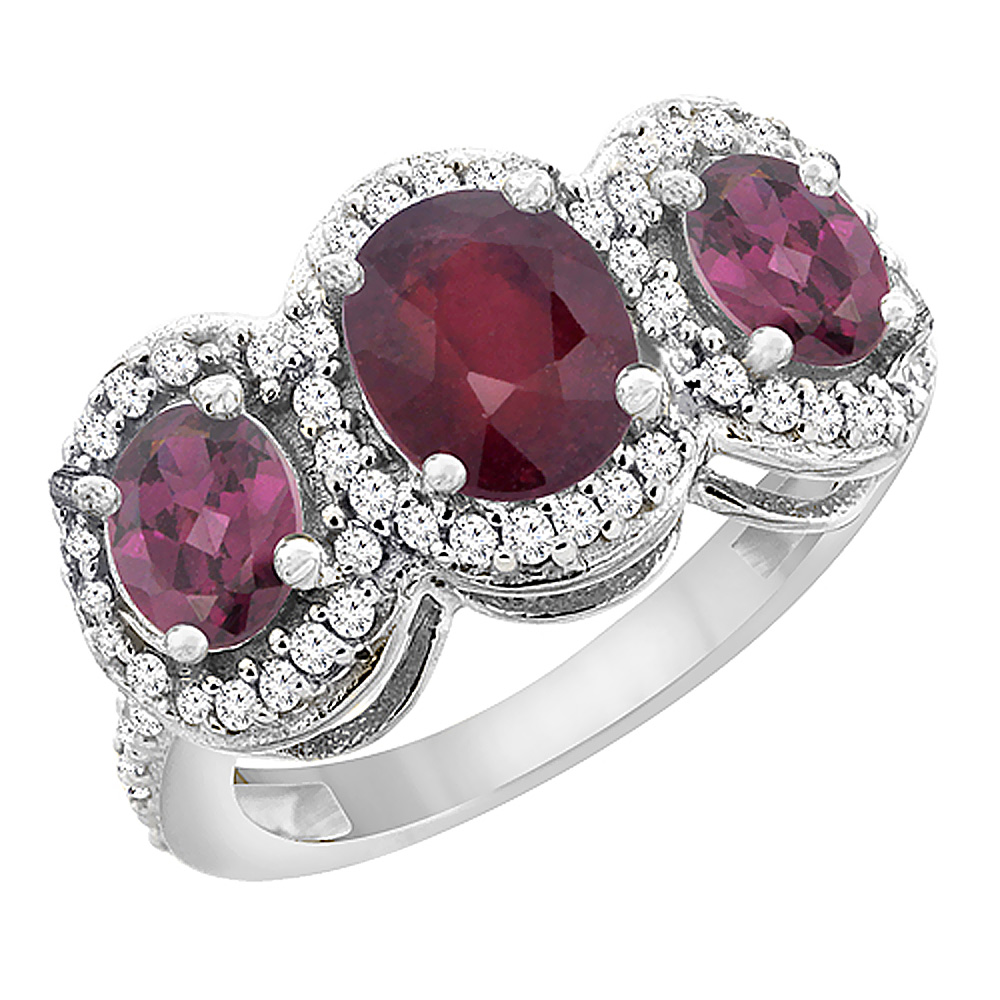 10K White Gold Enhanced Ruby & Rhodolite 3-Stone Ring Oval Diamond Accent, sizes 5 - 10
