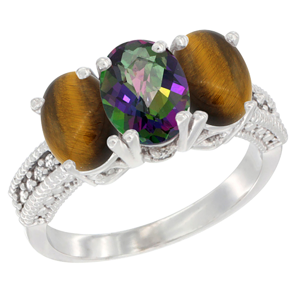 14K White Gold Natural Mystic Topaz & Tiger Eye Sides Ring 3-Stone 7x5 mm Oval Diamond Accent, sizes 5 - 10