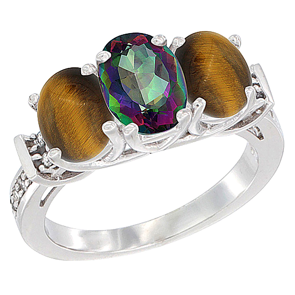 14K White Gold Natural Mystic Topaz & Tiger Eye Sides Ring 3-Stone Oval Diamond Accent, sizes 5 - 10
