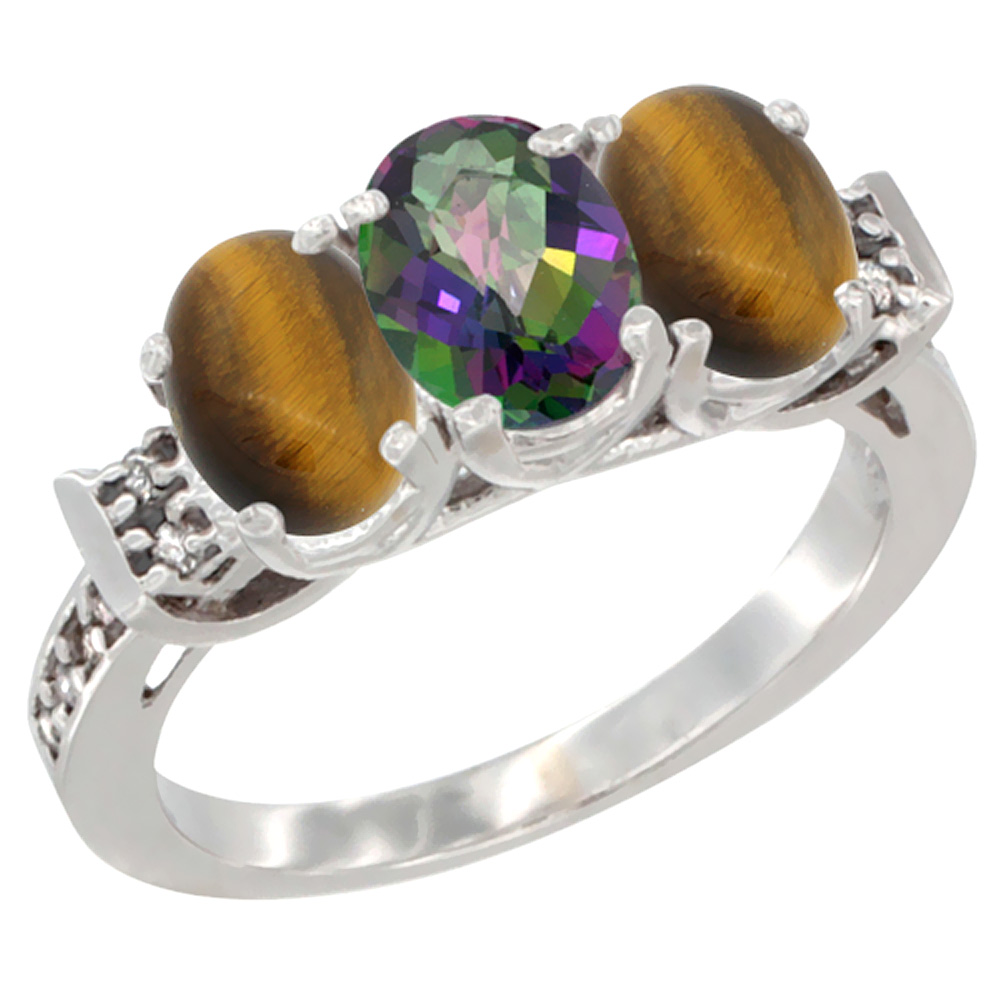 14K White Gold Natural Mystic Topaz & Tiger Eye Sides Ring 3-Stone Oval 7x5 mm Diamond Accent, sizes 5 - 10