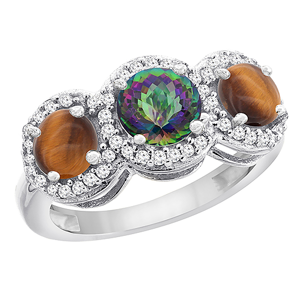 14K White Gold Natural Mystic Topaz & Tiger Eye Sides Round 3-stone Ring Diamond Accents, sizes 5 - 10