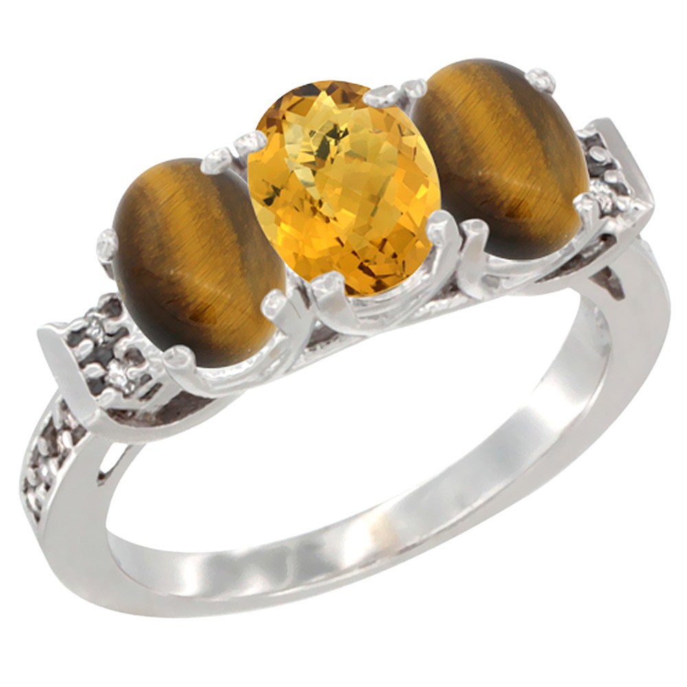 10K White Gold Natural Whisky Quartz & Tiger Eye Sides Ring 3-Stone Oval 7x5 mm Diamond Accent, sizes 5 - 10