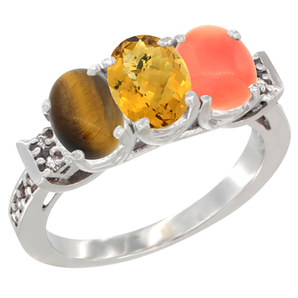 10K White Gold Natural Tiger Eye, Whisky Quartz & Coral Ring 3-Stone Oval 7x5 mm Diamond Accent, sizes 5 - 10