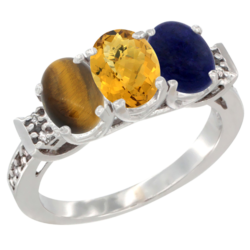 10K White Gold Natural Tiger Eye, Whisky Quartz & Lapis Ring 3-Stone Oval 7x5 mm Diamond Accent, sizes 5 - 10