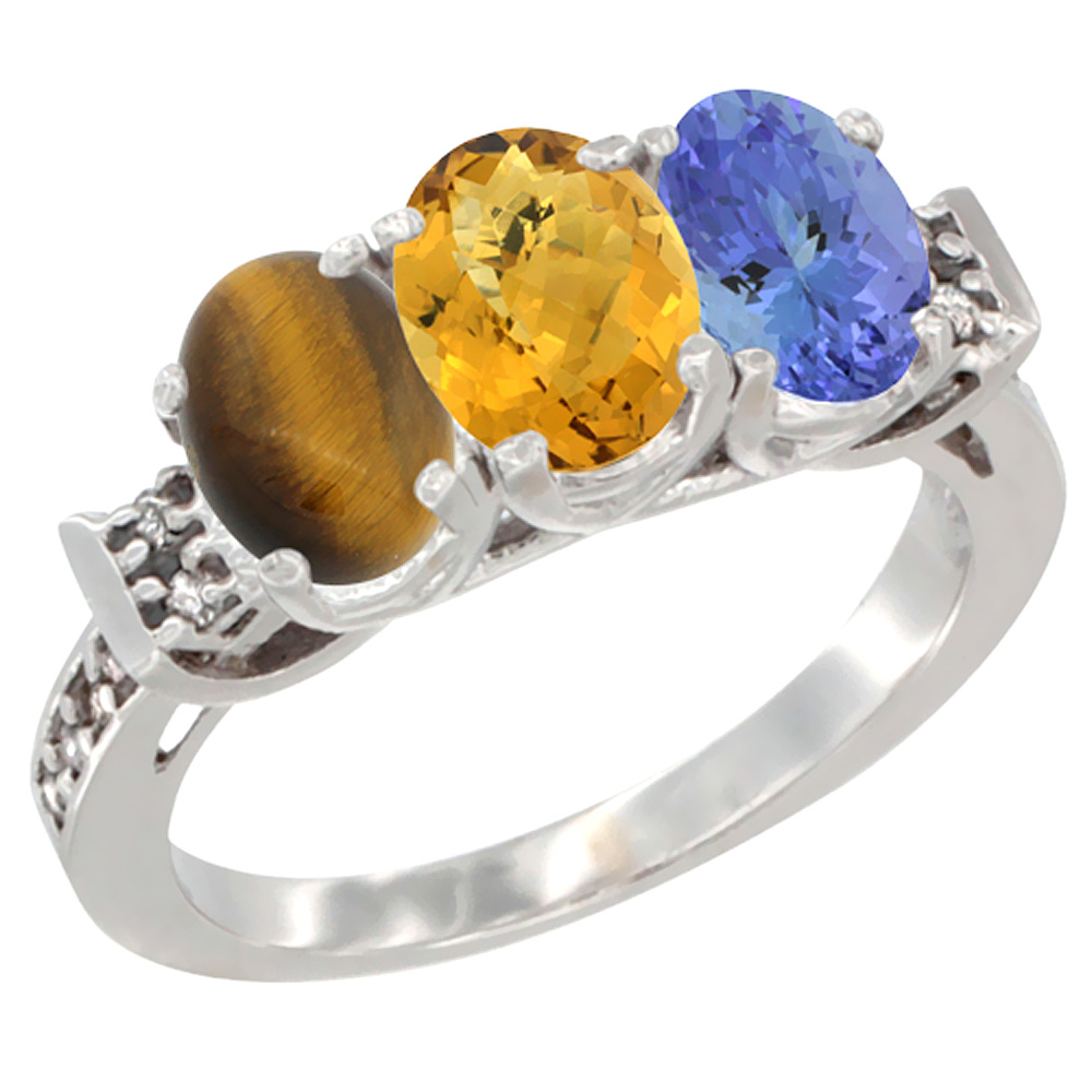 10K White Gold Natural Tiger Eye, Whisky Quartz & Tanzanite Ring 3-Stone Oval 7x5 mm Diamond Accent, sizes 5 - 10