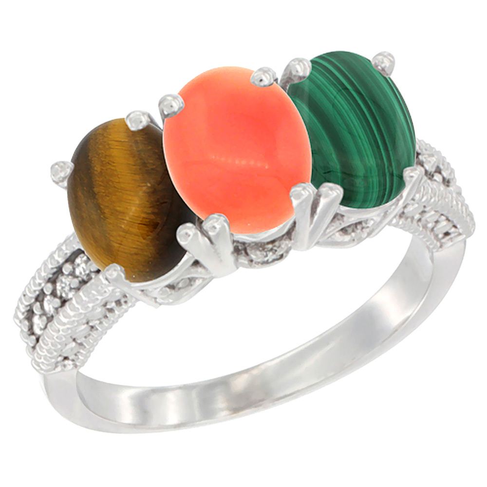 14K White Gold Natural Tiger Eye, Coral & Malachite Ring 3-Stone 7x5 mm Oval Diamond Accent, sizes 5 - 10