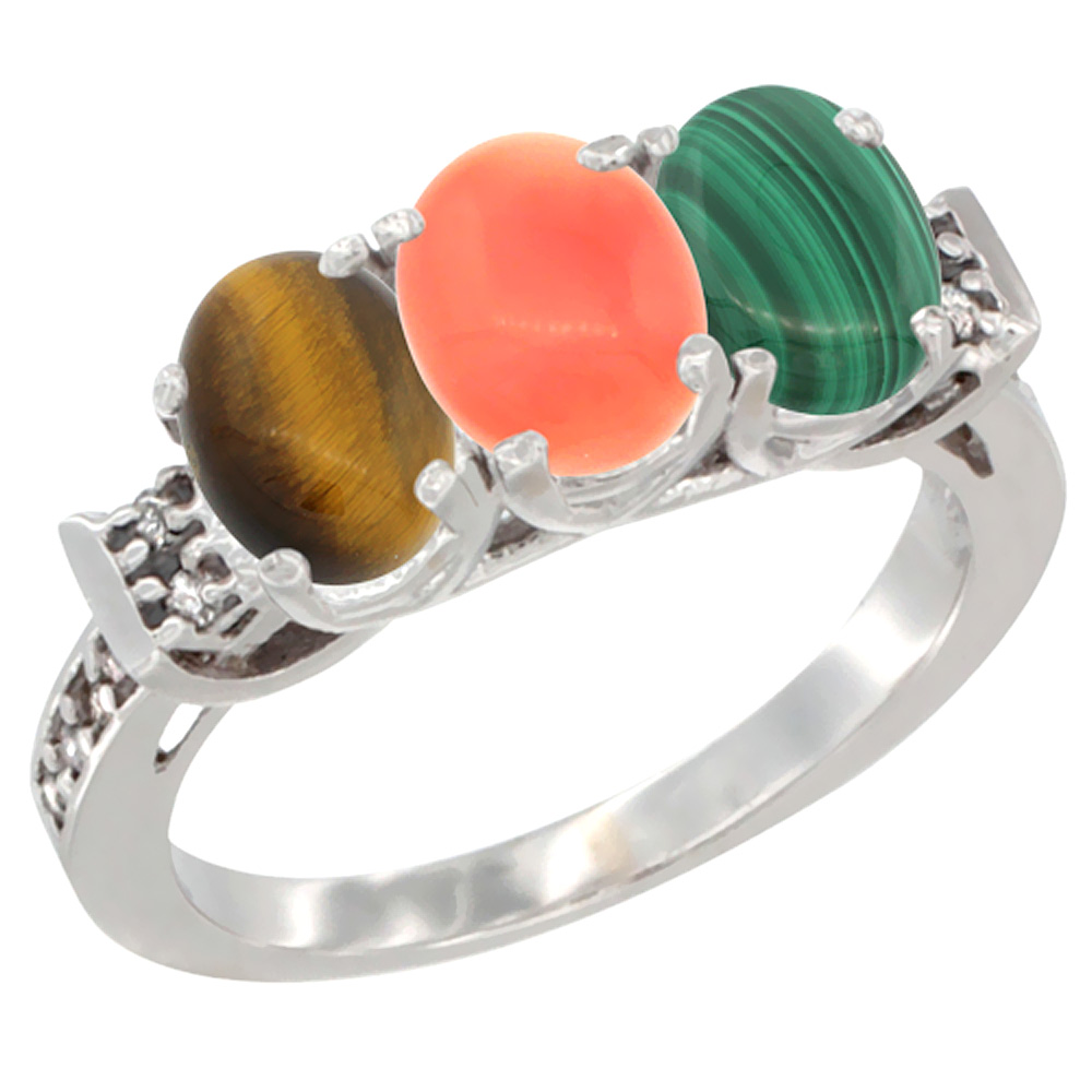 14K White Gold Natural Tiger Eye, Coral & Malachite Ring 3-Stone Oval 7x5 mm Diamond Accent, sizes 5 - 10