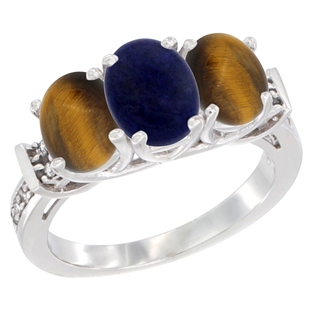 10K White Gold Natural Lapis & Tiger Eye Sides Ring 3-Stone Oval Diamond Accent, sizes 5 - 10