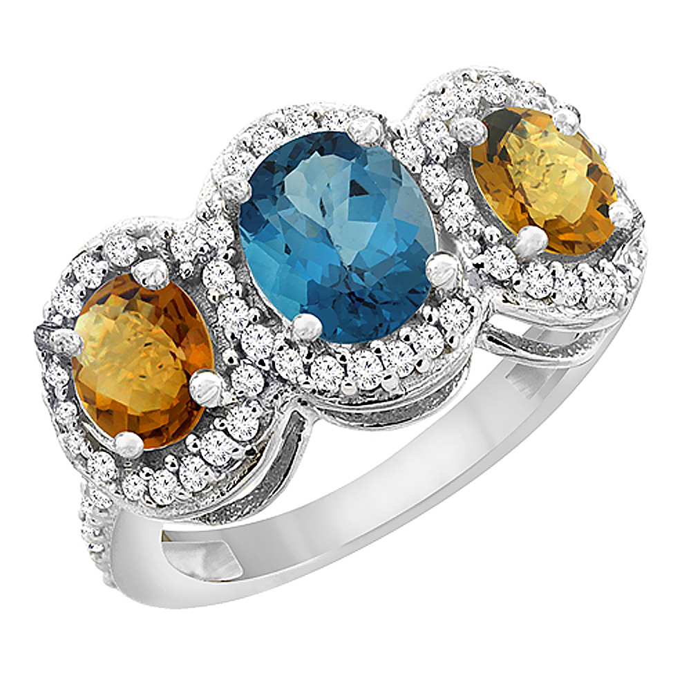 14K White Gold Natural London Blue Topaz & Whisky Quartz 3-Stone Ring Oval Diamond Accent, sizes 5 - 10