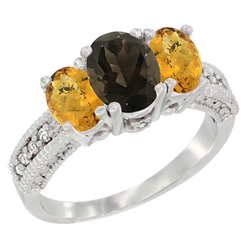 14K White Gold Diamond Natural Smoky Topaz Ring Oval 3-stone with Whisky Quartz, sizes 5 - 10