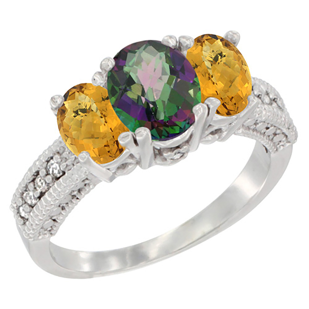 14K White Gold Diamond Natural Mystic Topaz Ring Oval 3-stone with Whisky Quartz, sizes 5 - 10