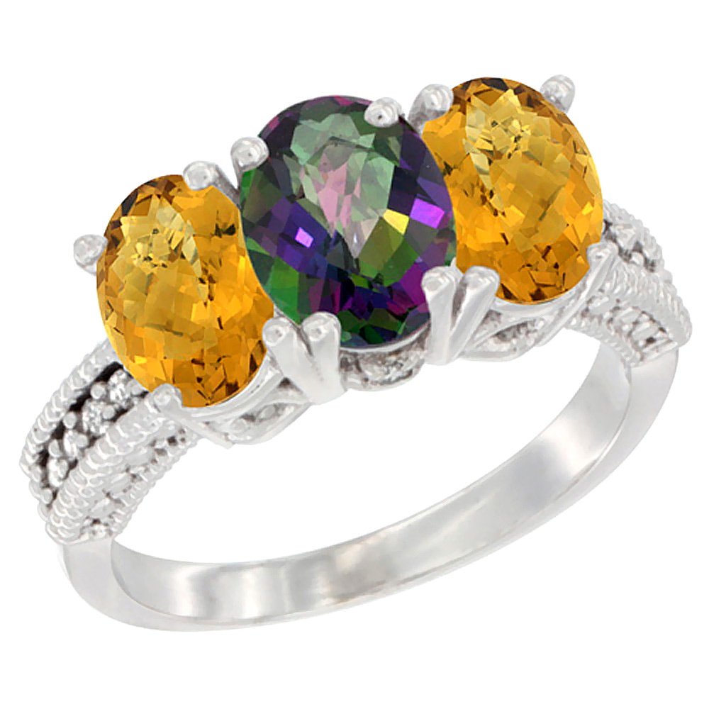 14K White Gold Natural Mystic Topaz Ring with Whisky Quartz 3-Stone 7x5 mm Oval Diamond Accent, sizes 5 - 10